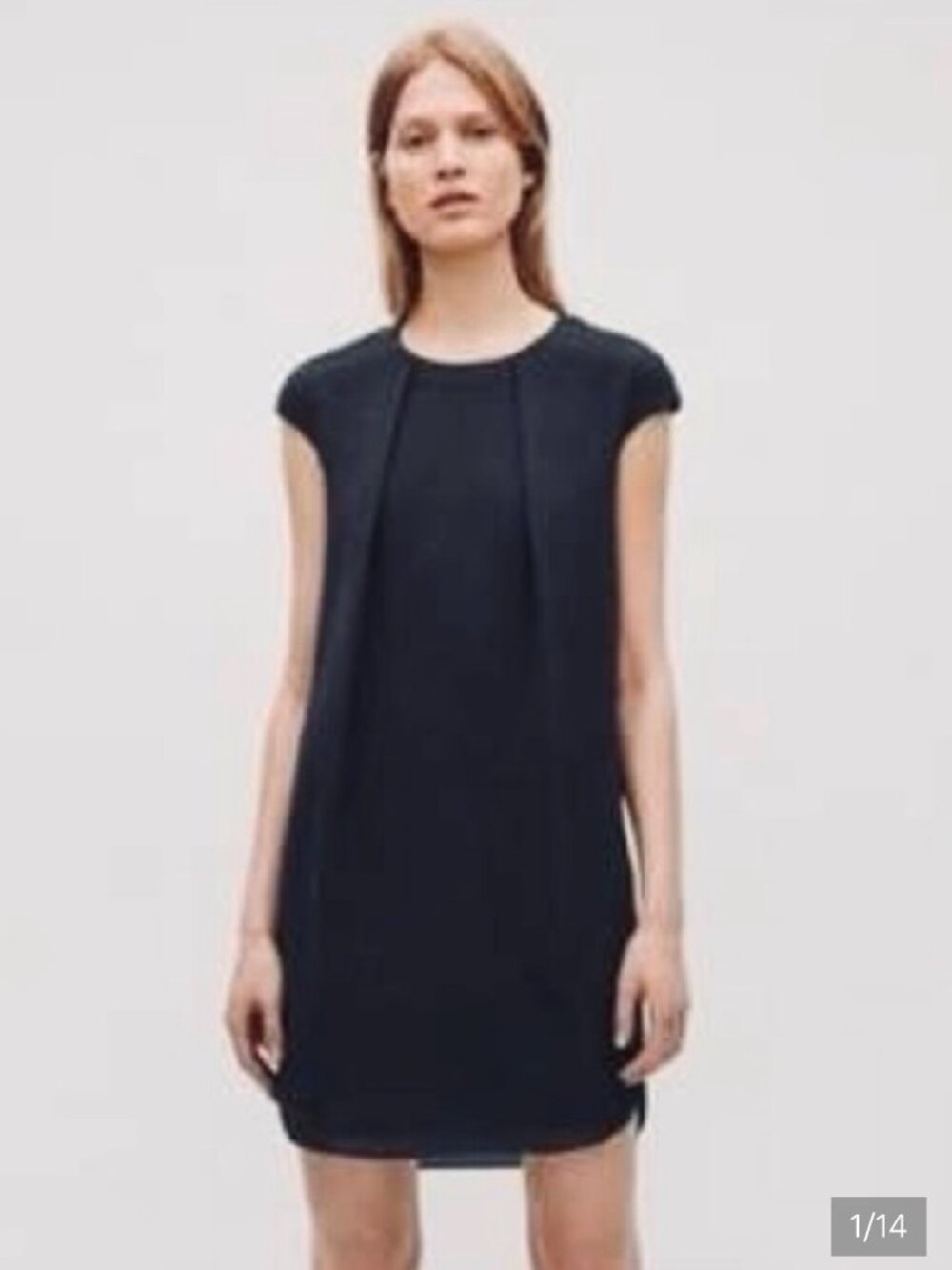 COS Navy Cap Sleeve Front Pleat Shift Mini Dress Size 8